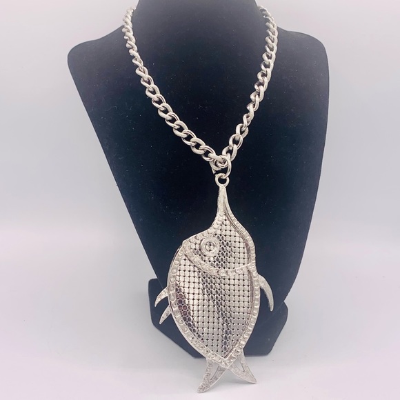 Vintage Jewelry - Massive vintage fish necklace silver swordfish pendant new old stock 1980s